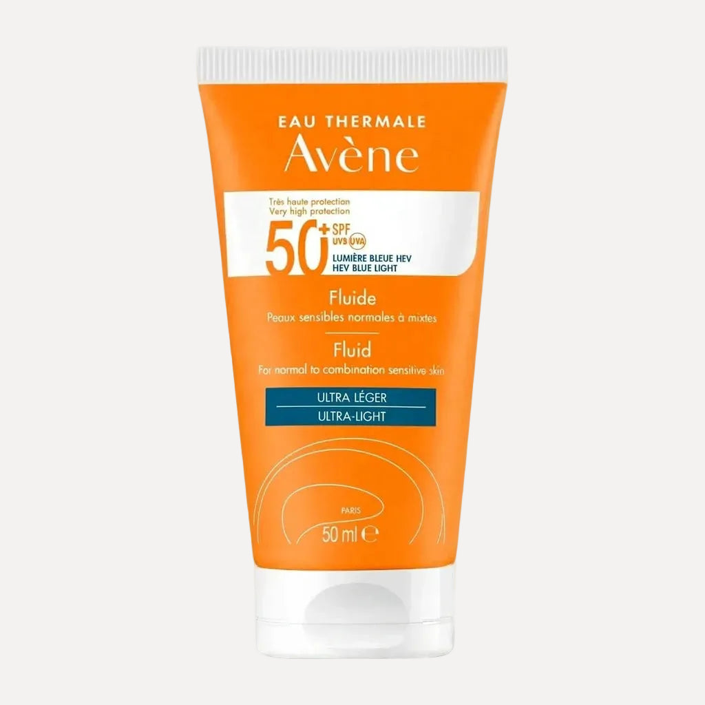 Avene sun cream tube with SPF 50+ on a white background