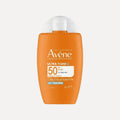 Orange bottle of Avene Ultra Fluid sunscreen with SPF 50 on a white background