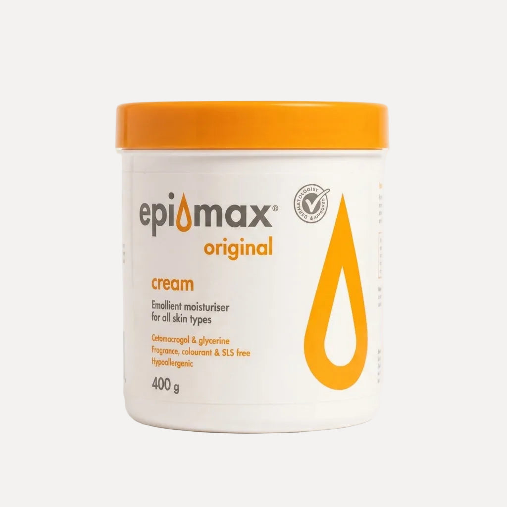 Epimax Original cream jar with orange lid on a white background