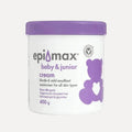 Epimax baby and junior cream jar with purple lid and label on a white background