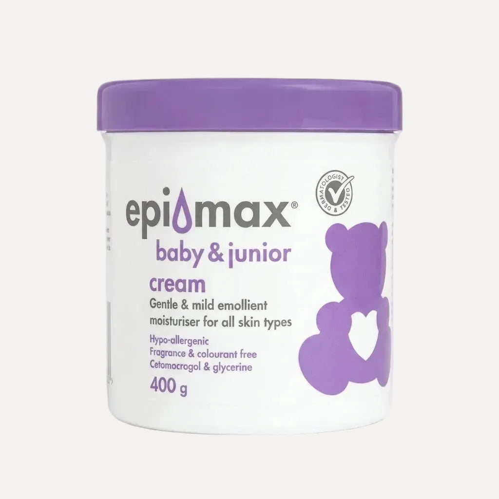 Epimax baby and junior cream jar with purple lid and label on a white background