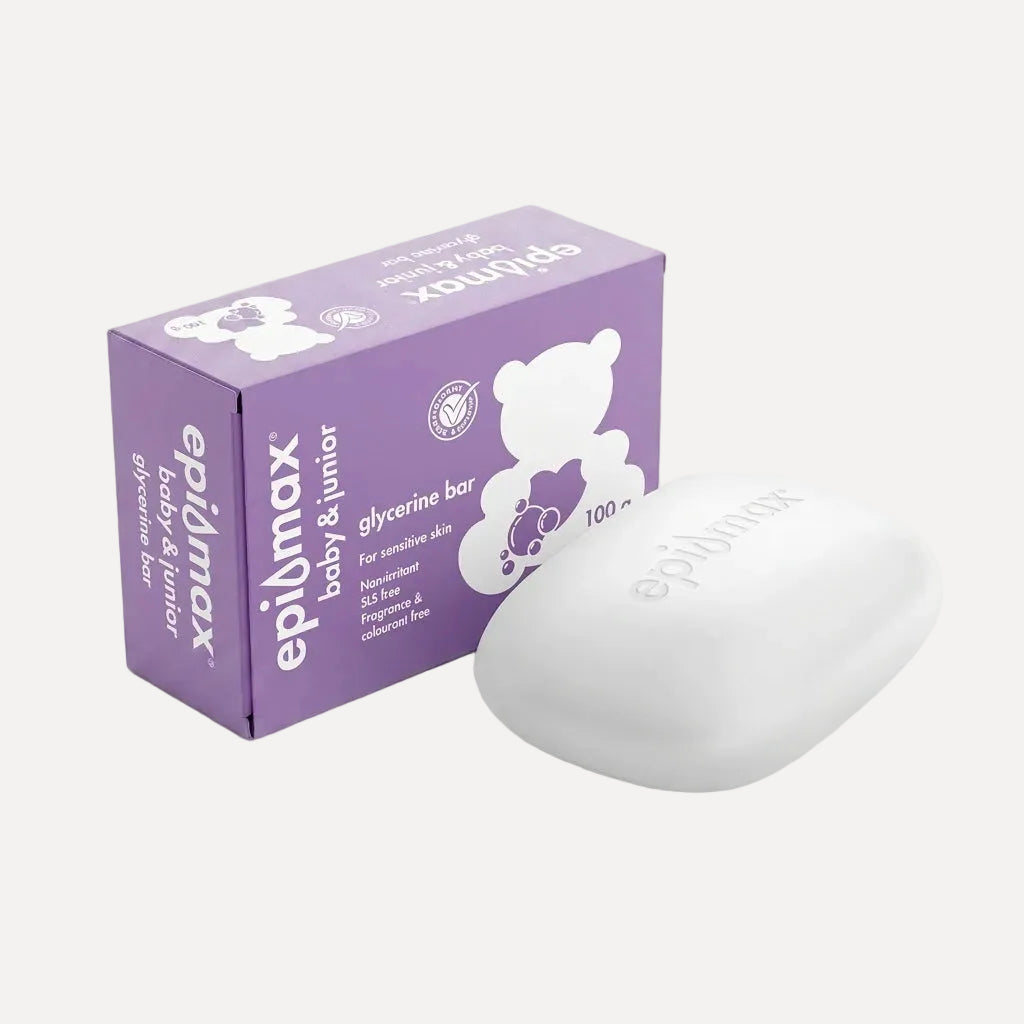 Epimax baby & junior glycerine bar soap with packaging on a white background