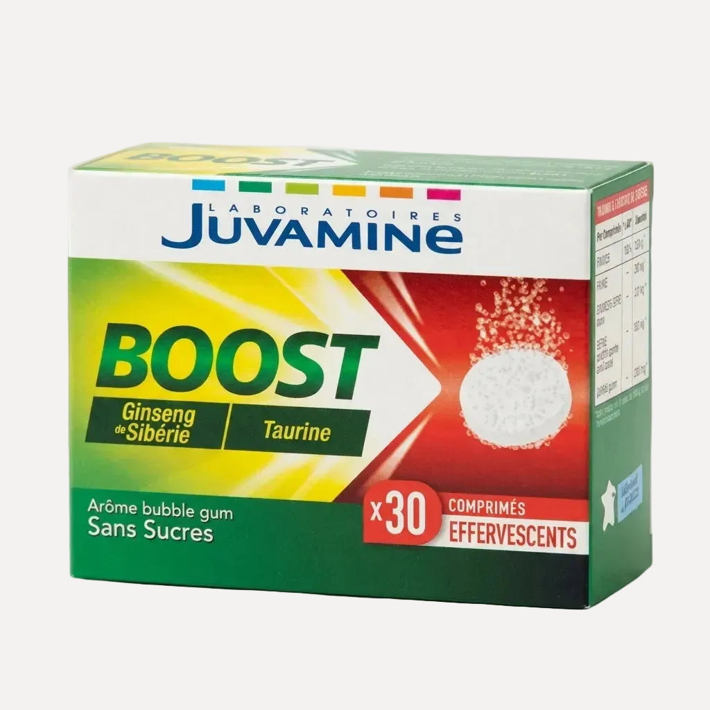 Juvamine Boost Ginseng Taurine 30 Tablets – sugar-free effervescent energy supplement with guarana and vitamin C