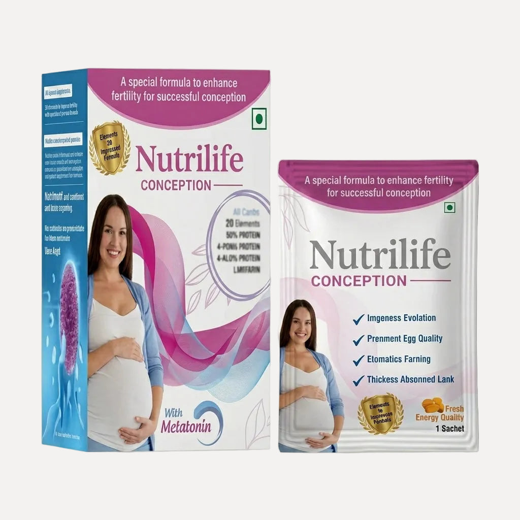 Nutrilife Conception fertility supplement box and sachet with melatonin and 20-element protein formula for successful conception

