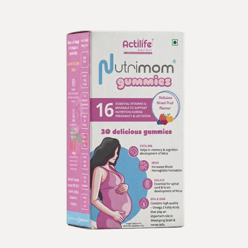 Nutrimom Gummies box — 30 mixed fruit flavour gummies with 16 essential vitamins and minerals including folate, iron, choline, DHA and EPA to support pregnancy and lactation

