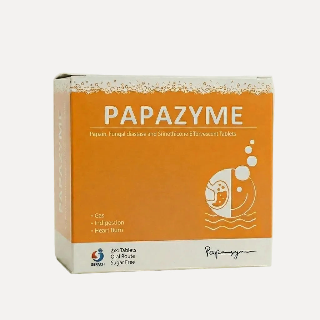 Papazyme Effervescent 8 Tablets – digestive enzyme supplement with papain, fungal diastase, and simethicone for bloating and gas relief