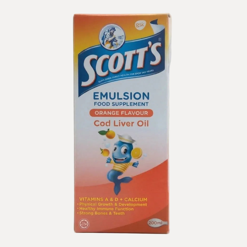Scotts Emulsion Orange 200ml – orange-flavoured cod liver oil supplement with omega-3, vitamins A and D