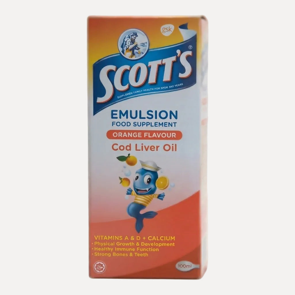 Scotts Emulsion Orange 100ml – orange-flavoured cod liver oil supplement with omega-3, vitamins A and D