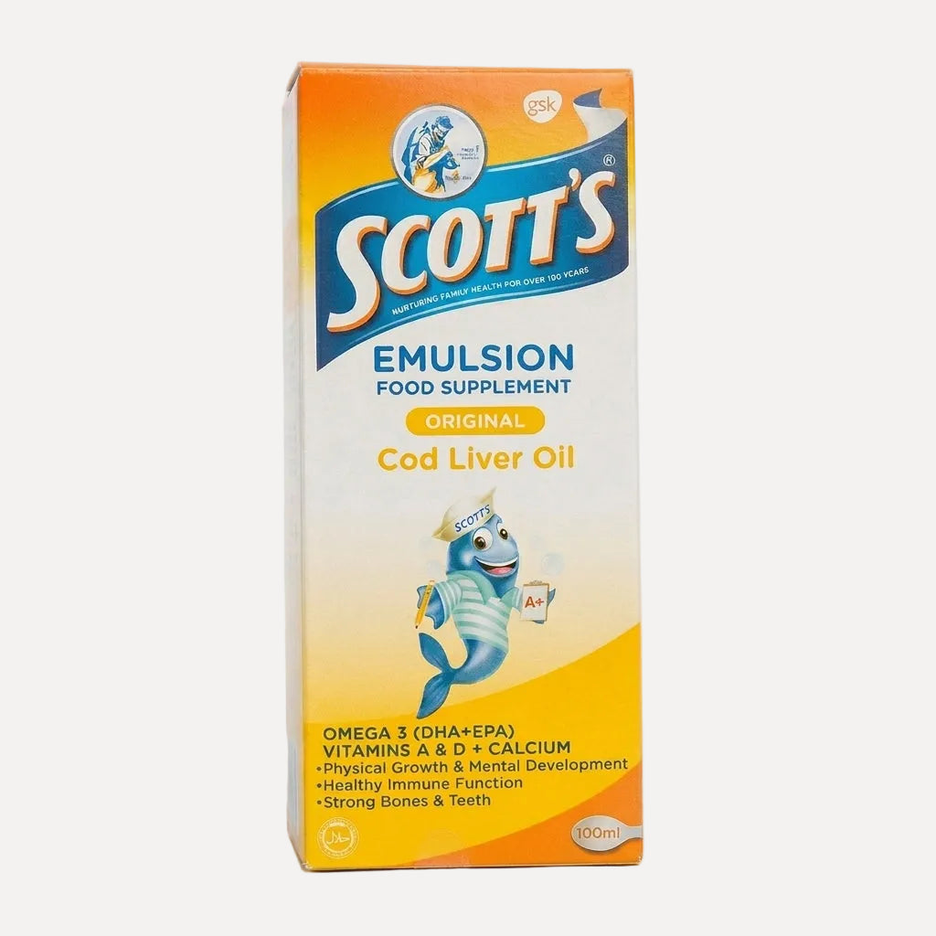 Scotts Emulsion Regular 100ml – cod liver oil supplement with omega-3, vitamins A and D for family nutrition