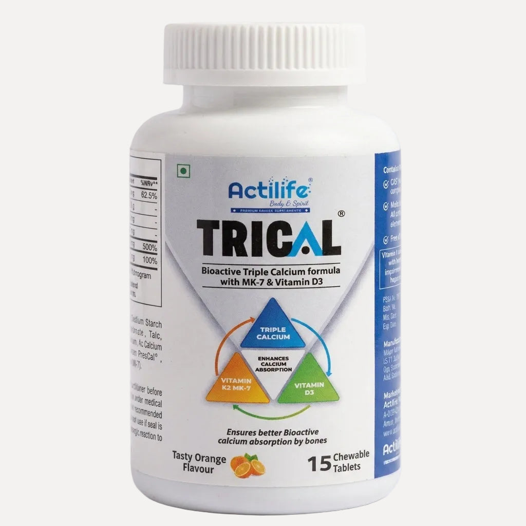 Actilife TRICAL Chewable Calcium Tablets – Orange Flavour, 15 tablets, triple-source calcium with Vitamin D3 and K2