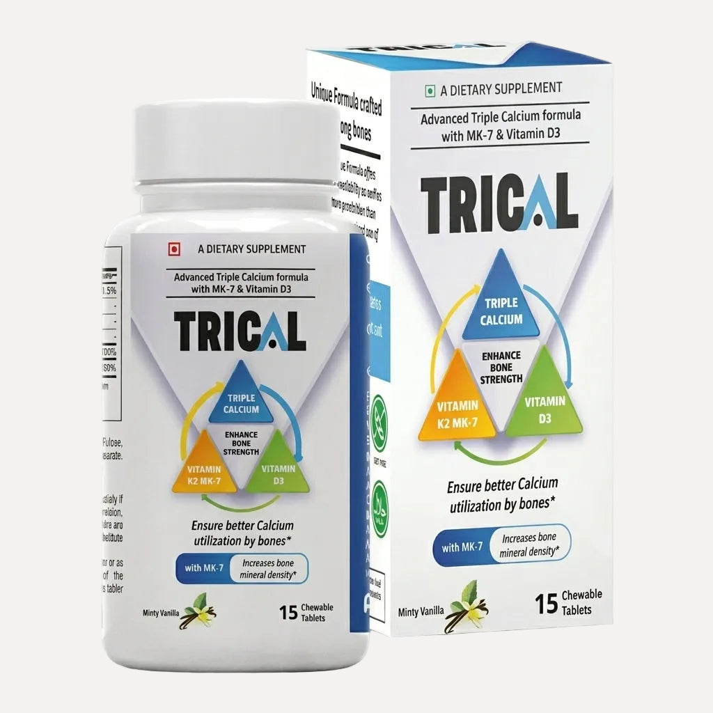Actilife TRICAL Chewable Calcium Tablets – Minty Vanilla Flavour, 15 tablets, triple-source calcium with Vitamin D3 and K2