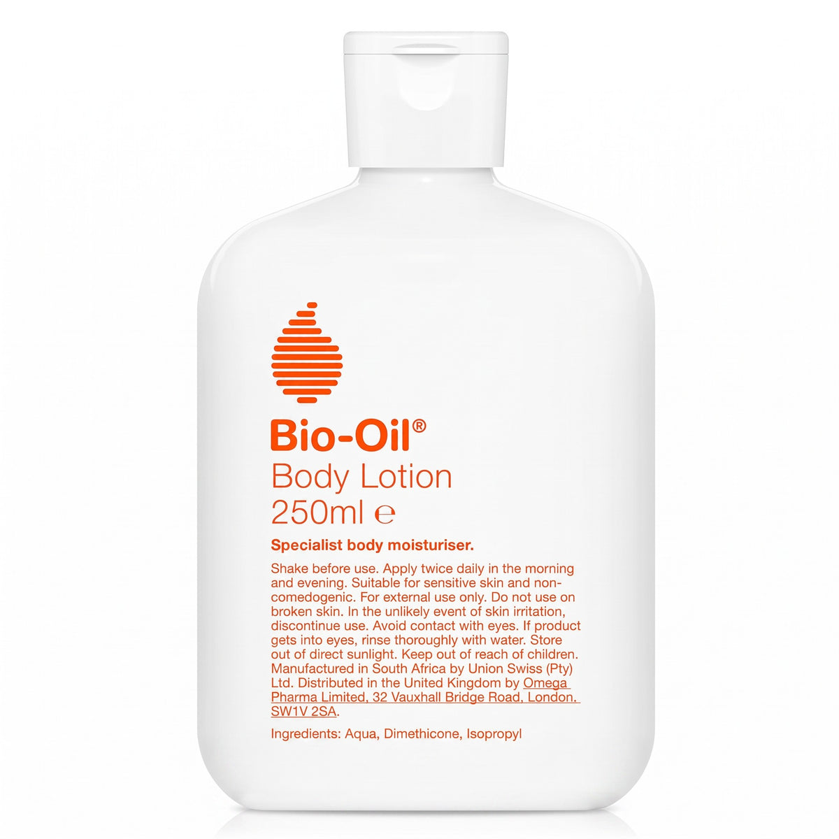 LYX Bio-Oil Body Lotion 250ml in a white plastic bottle with orange branding and text on a clean white background.