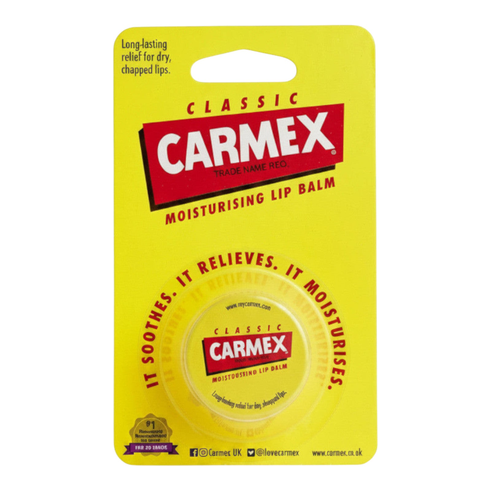 LYX Carmex Classic medicated lip balm in a 7.5g yellow pot, designed to soothe and moisturise dry, chapped lips.