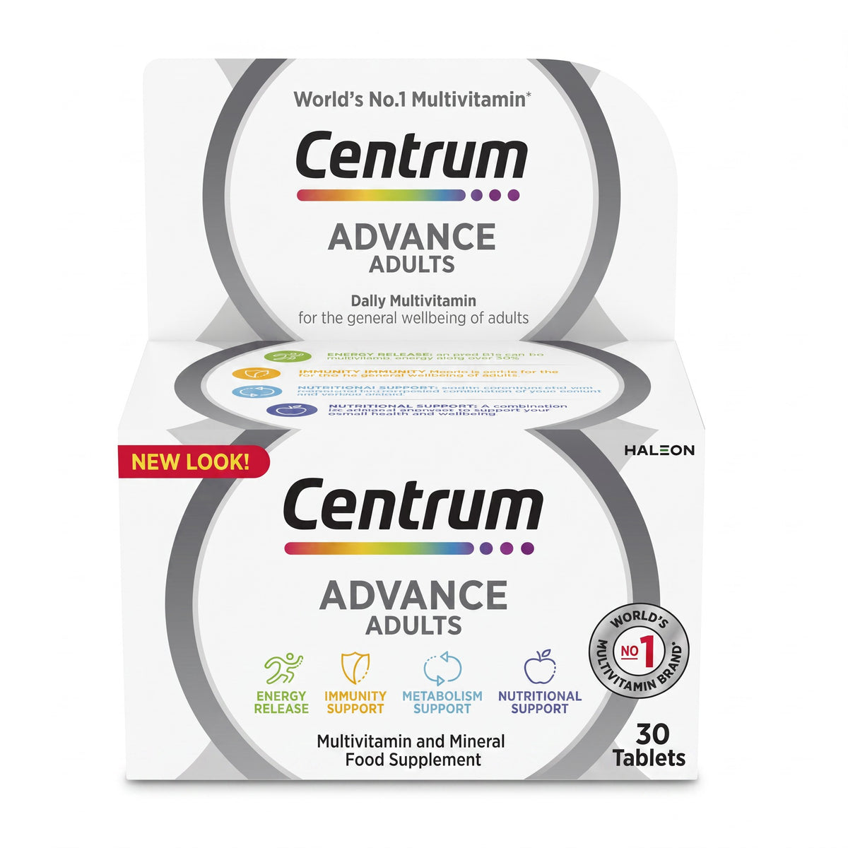 LYX Centrum Advance multivitamin and mineral supplement box for adults, 30 tablets pack with health benefit icons