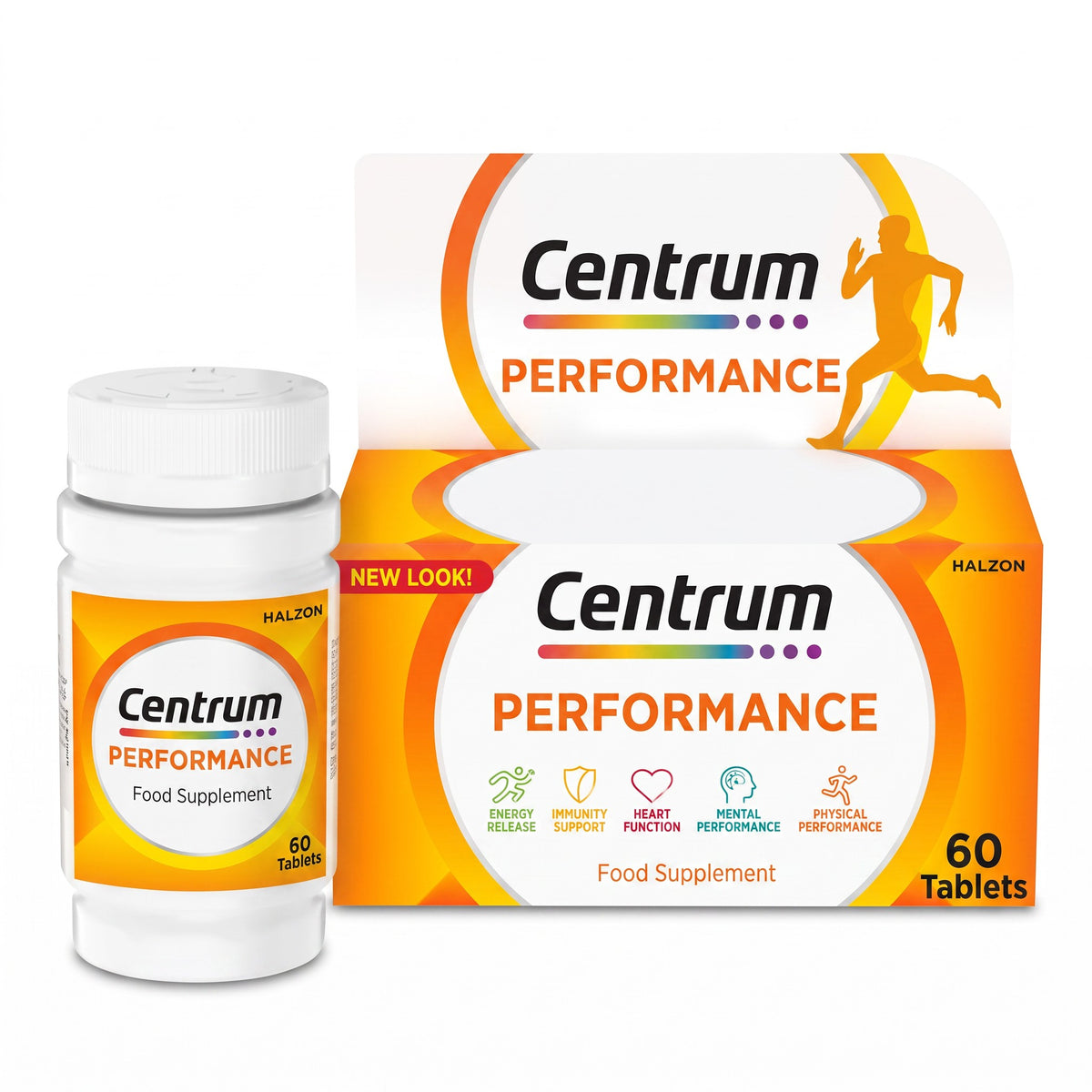 LYX Centrum Performance multivitamin tablets in a 60-count bottle and box with energy and immunity support icons
