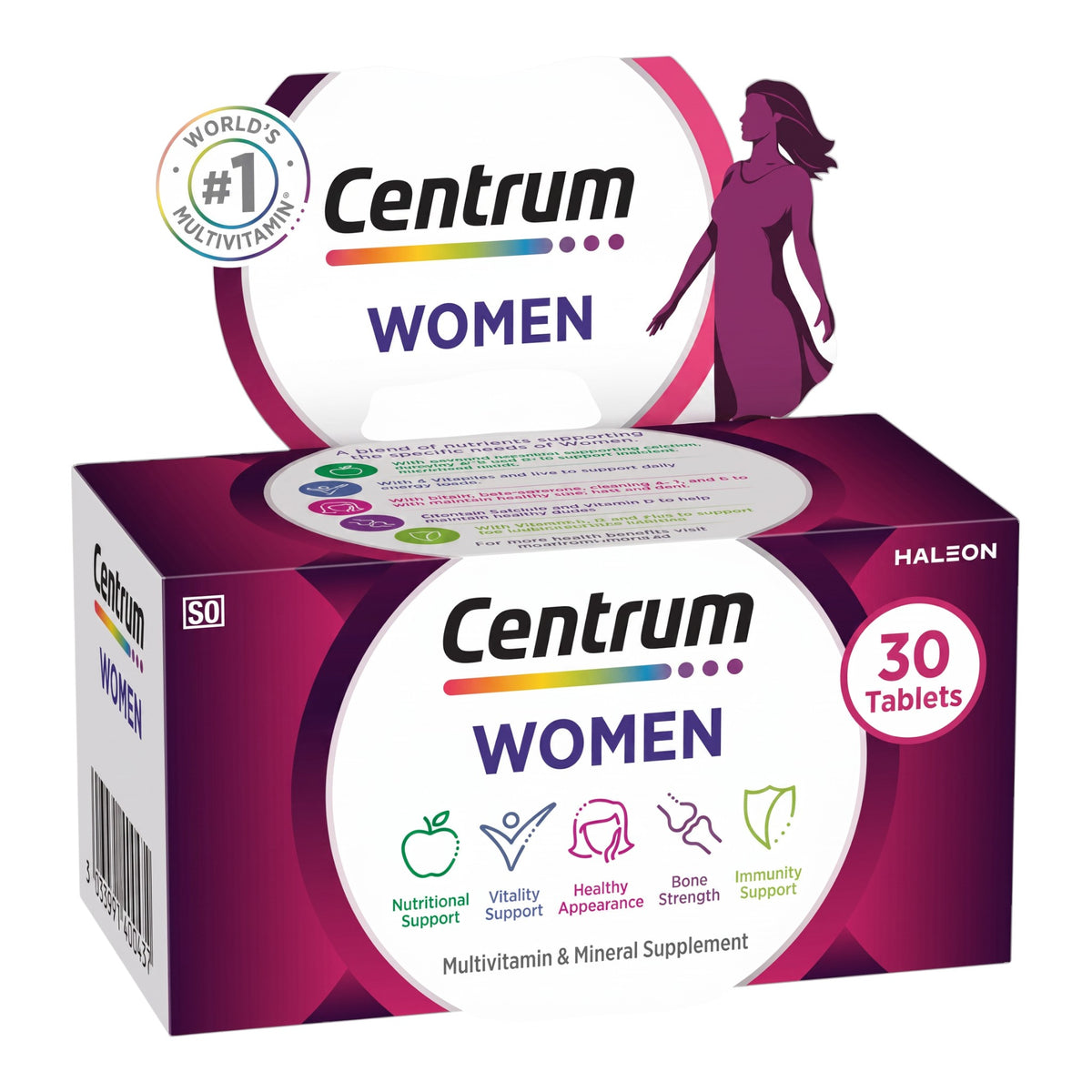 LYX Centrum Multivitamin Women 30 tablets box featuring purple and white branding with nutritional benefit icons