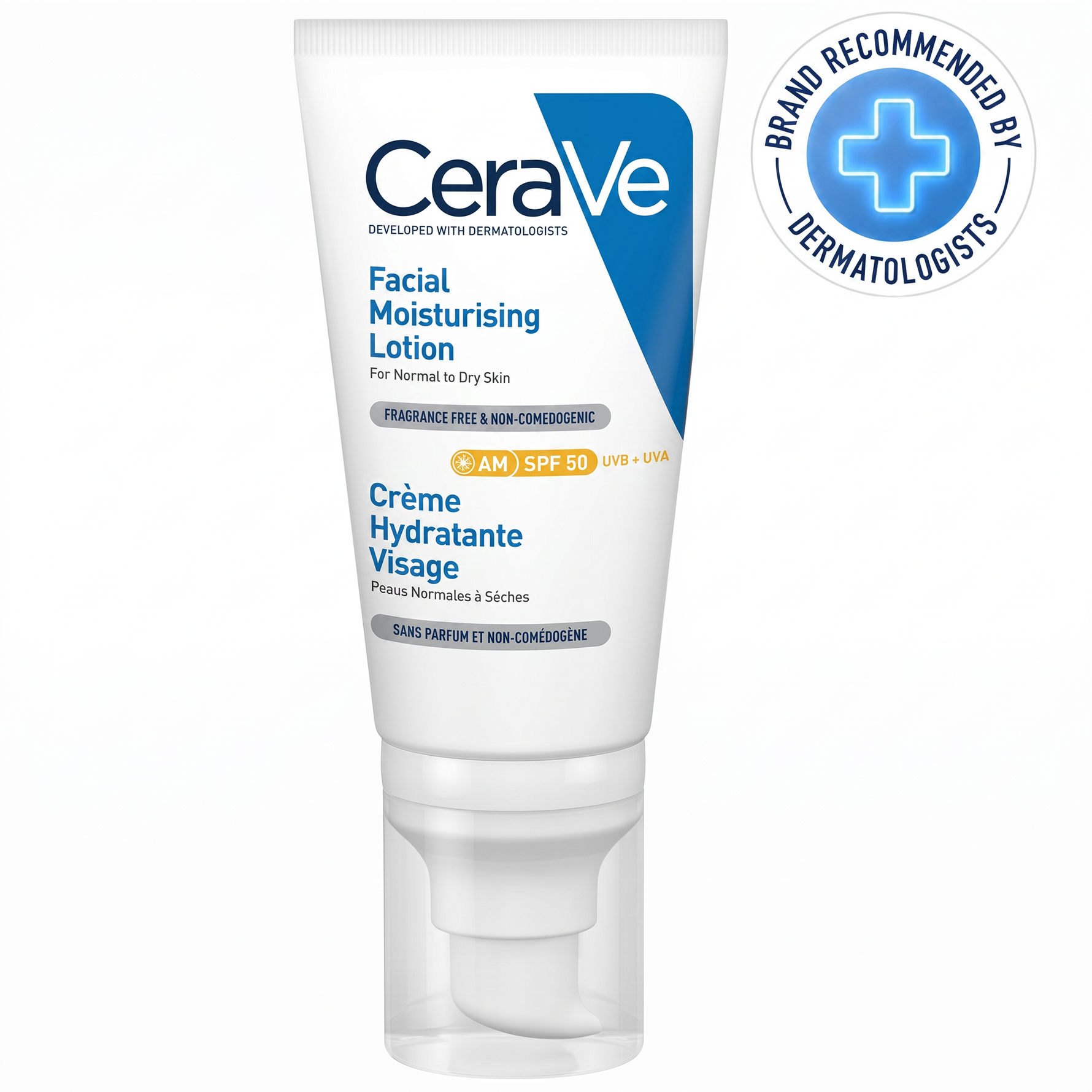 LYX CeraVe AM Facial Moisturizing Lotion with SPF 50 in a white pump bottle for normal to dry skin