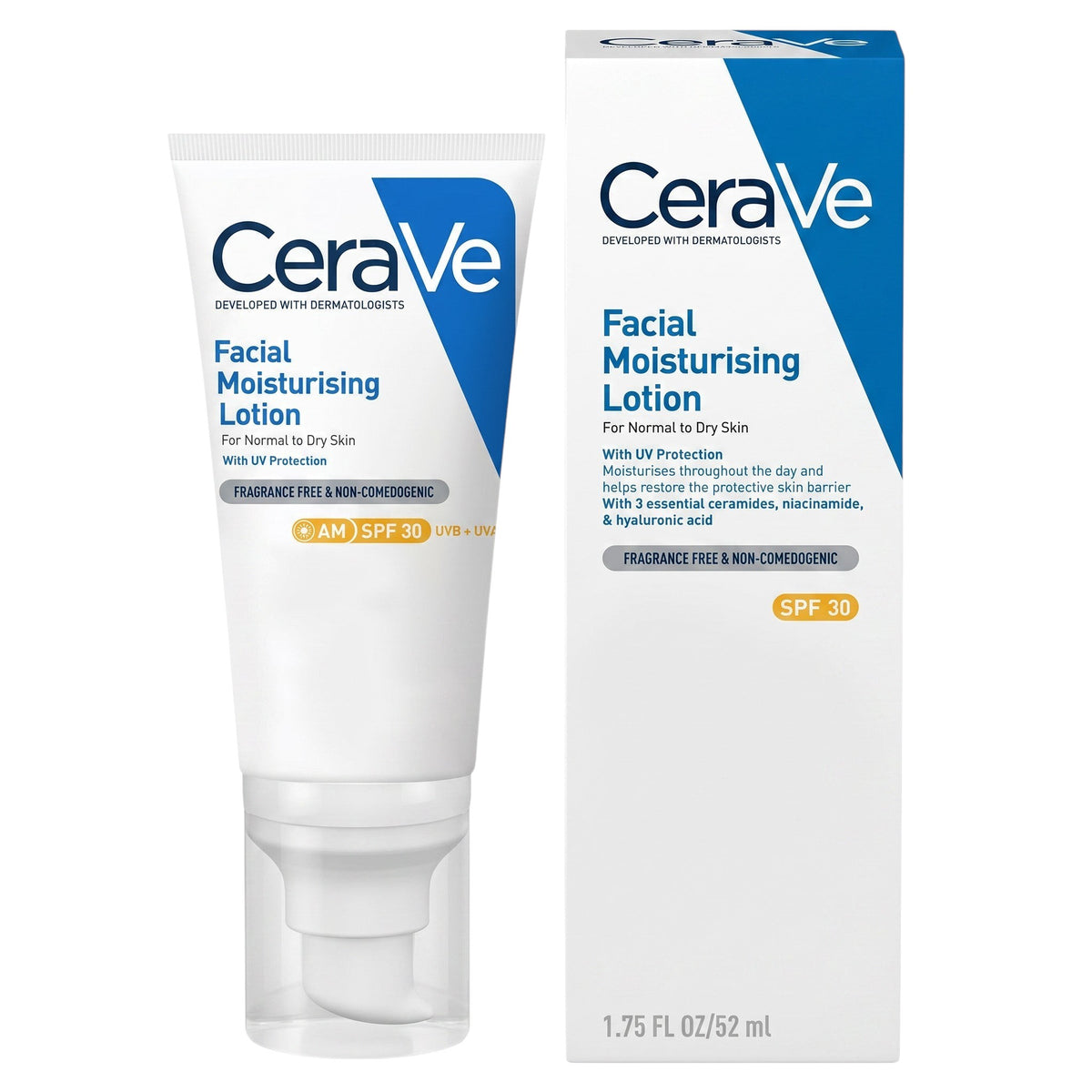 LYX CeraVe AM SPF 30 facial moisturizing lotion tube and box for normal to oily skin with sun protection