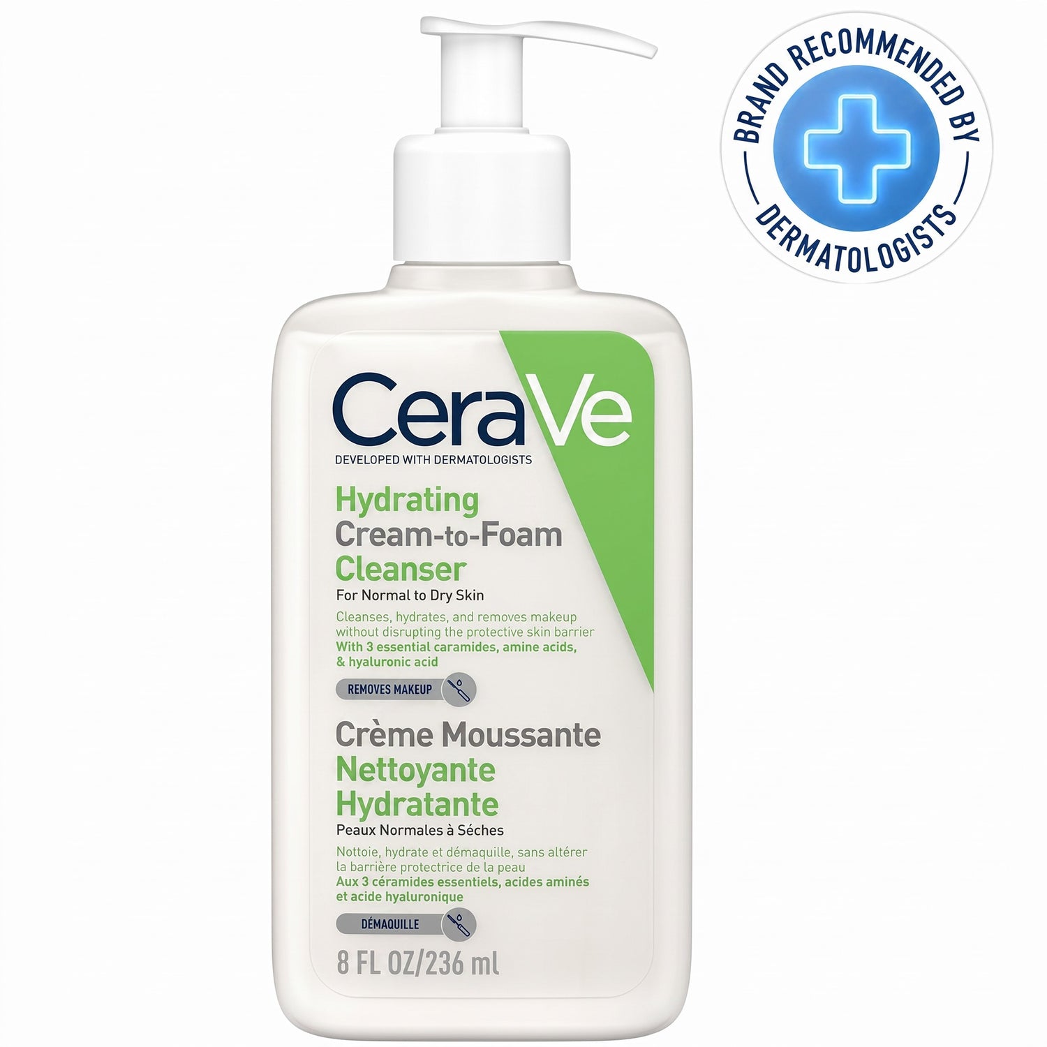 LYX Cerave Hydrating Cream to Foam Cleanser in a 236ml pump bottle for normal to dry skin with essential ceramides