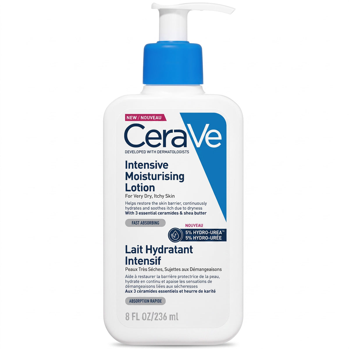 LYX CeraVe Intensive Moisturizing Lotion 236ml bottle with a blue pump dispenser for very dry, itchy skin.
