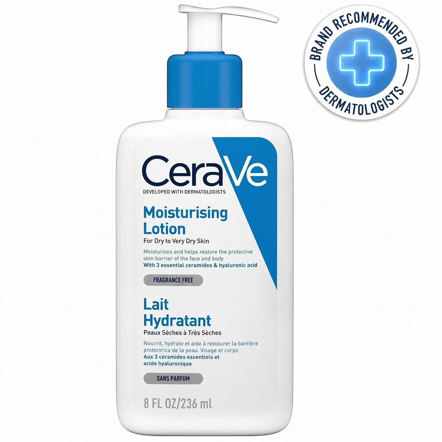 LYX CeraVe Moisturizing Lotion 236ml bottle with pump dispenser for normal to dry skin, featuring essential ceramides.