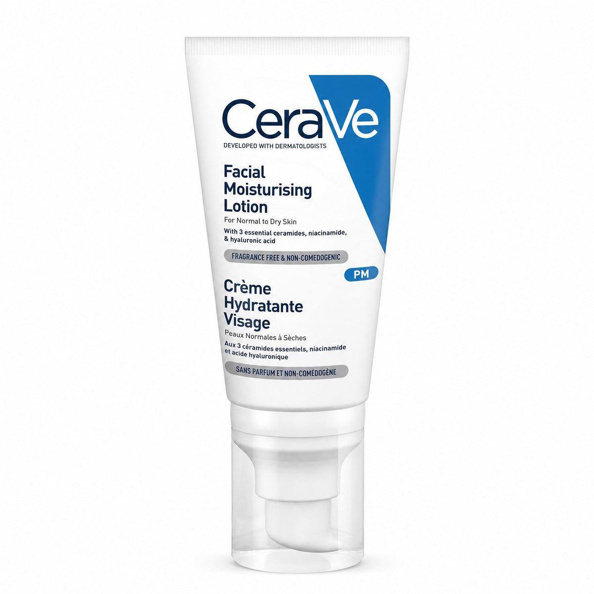 LYX CeraVe PM Facial Moisturizing Lotion in a 52ml white squeeze tube with a pump dispenser for normal to dry skin.