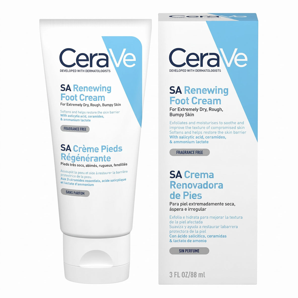 LYX CeraVe SA Renewing Foot Cream 88ml tube and box for exfoliating and moisturizing dry, rough, bumpy skin.