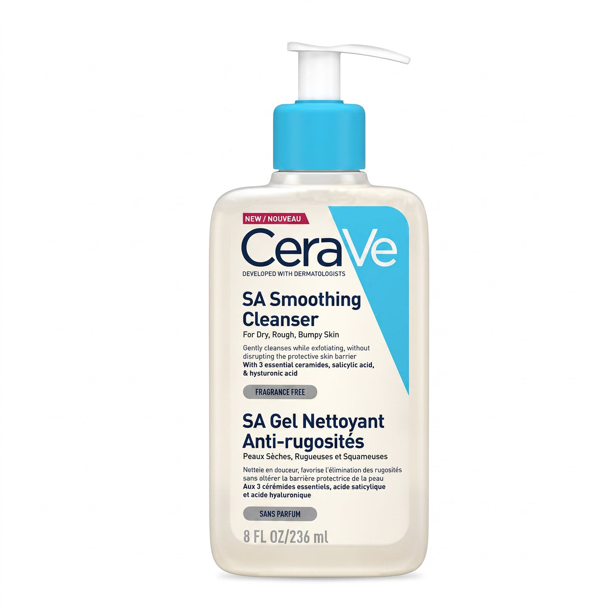 LYX CeraVe SA Smoothing Cleanser 236ml bottle with a blue pump dispenser for dry, rough, and bumpy skin