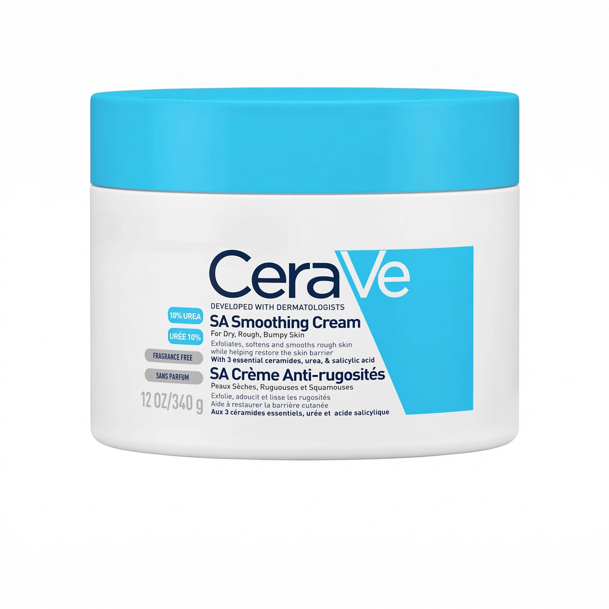 LYX CeraVe SA Smoothing Cream 340g in a white tub with a blue lid for dry, rough, and bumpy skin