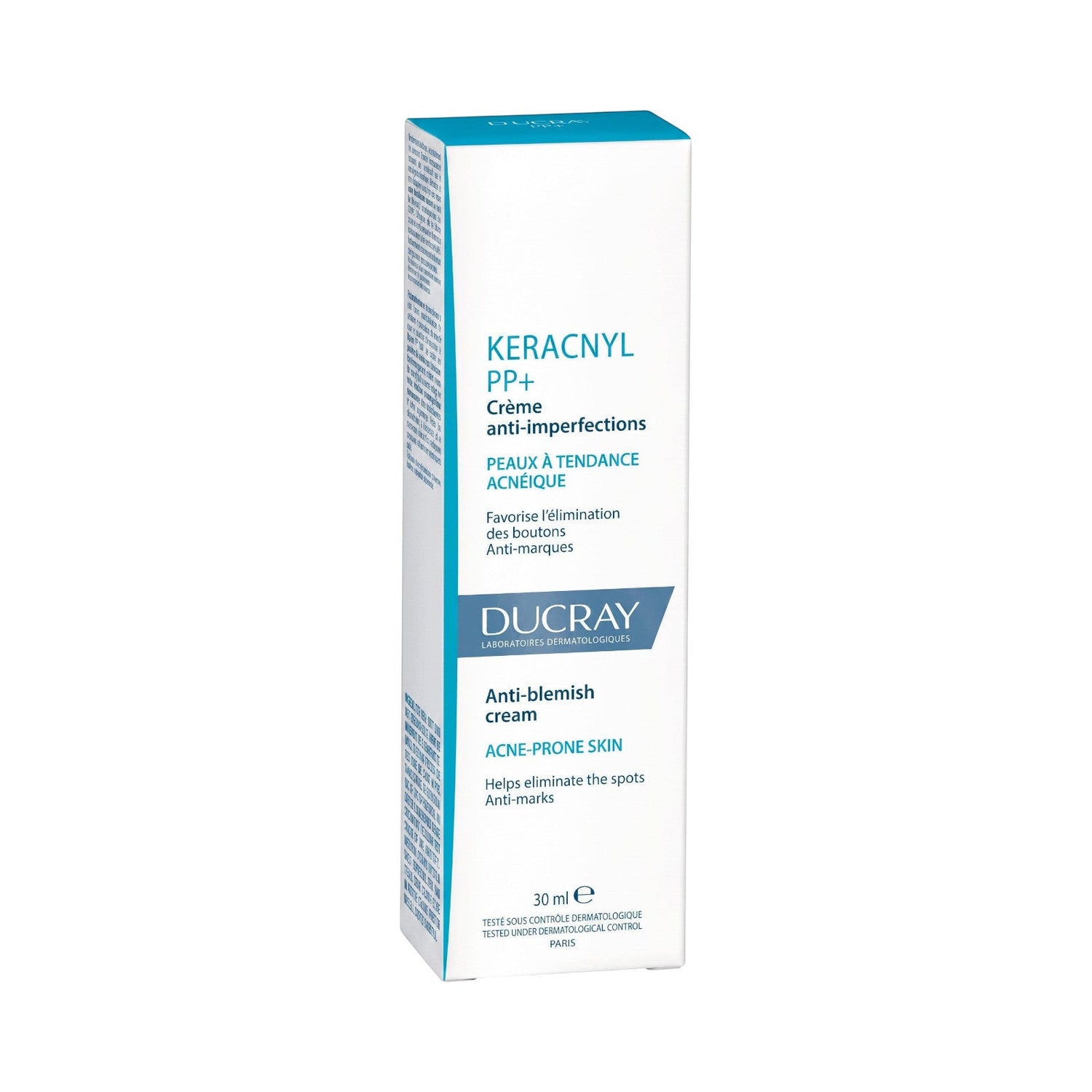 LYX Ducray Keracnyl PP+ anti-blemish cream box for acne-prone skin in white and blue packaging.