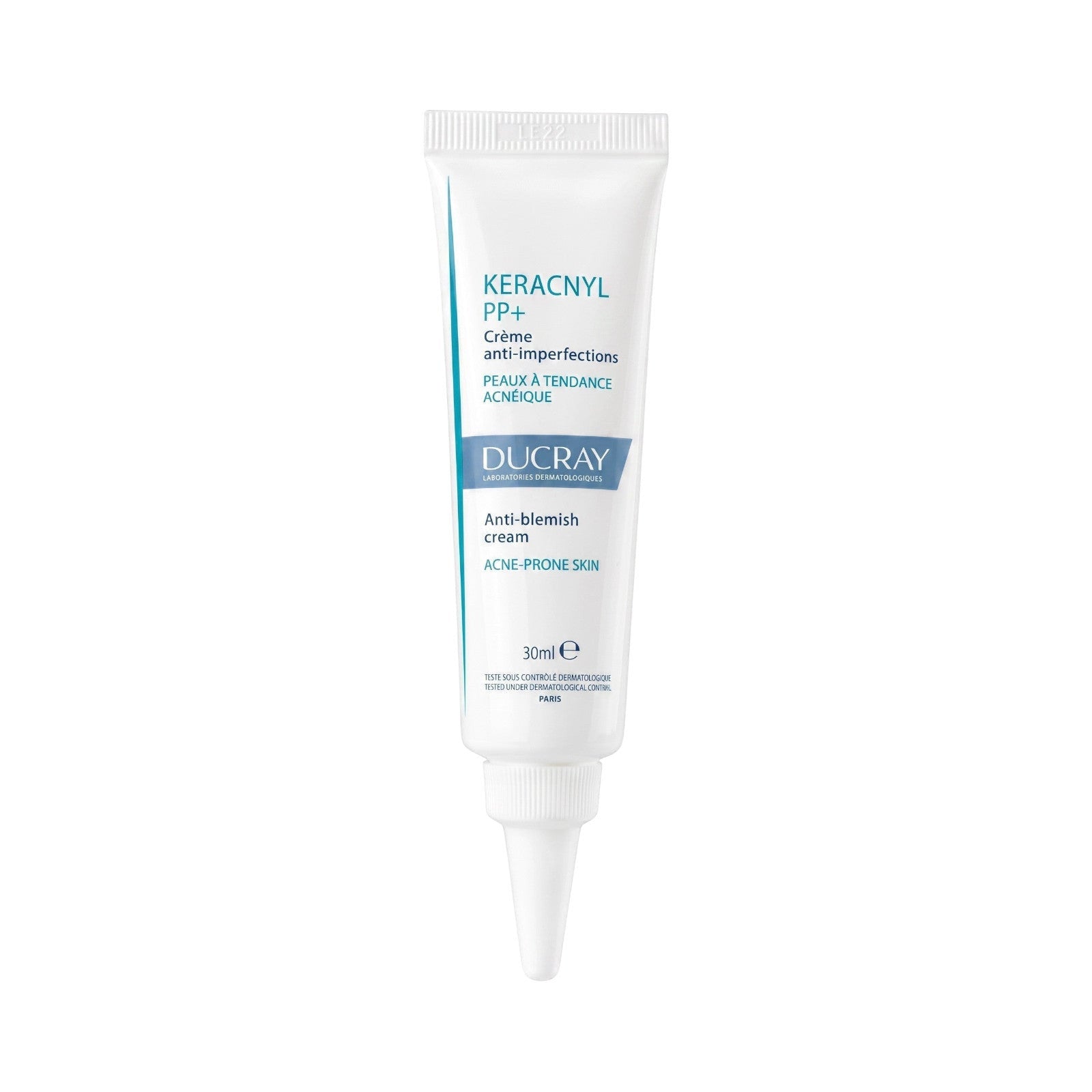 LYX Ducray Keracnyl PP+ anti-blemish cream in a 30ml white tube for acne-prone skin treatment.