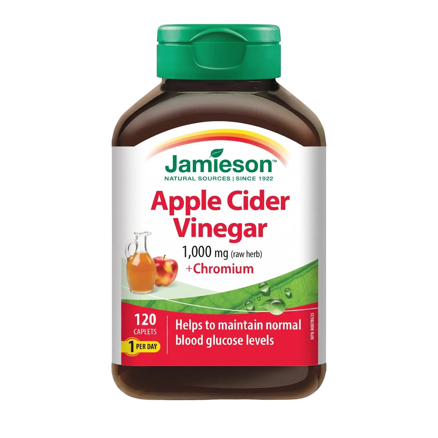 LYX Jamieson Apple Cider Vinegar plus Chromium caplets bottle with green cap and 120 count label