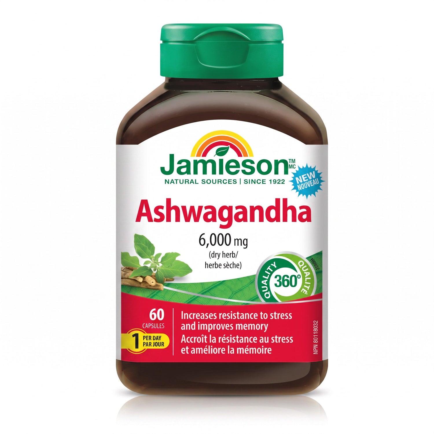 LYX Jamieson Ashwagandha 6000mg capsules bottle for stress relief and memory support