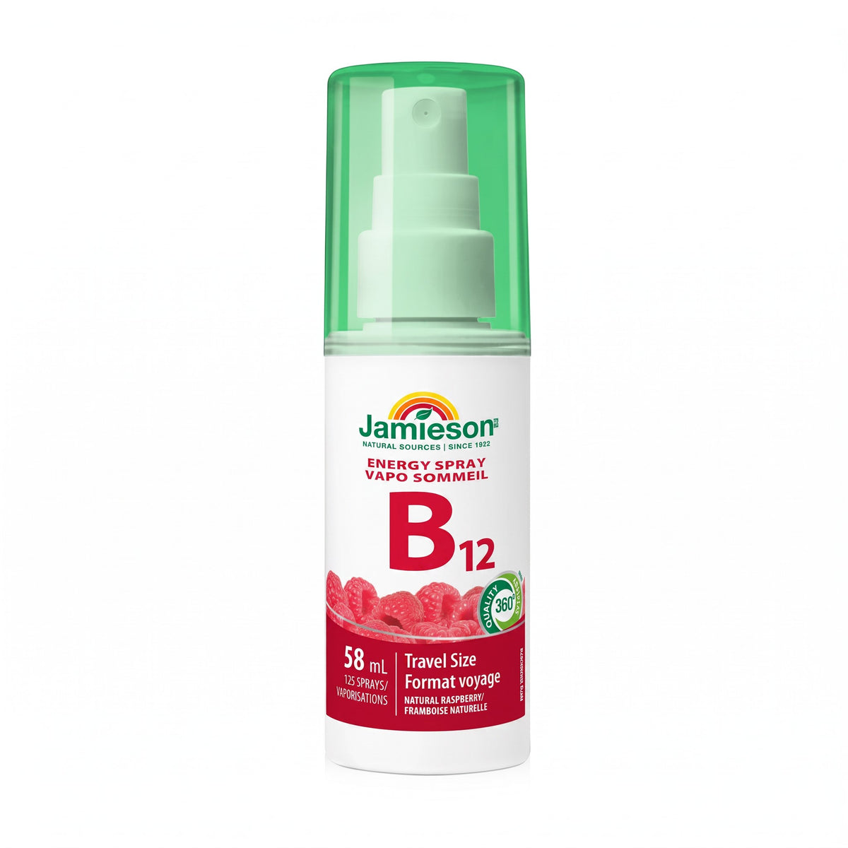 LYX Jamieson B12 energy spray in a 58ml bottle with a green cap and natural raspberry flavouring