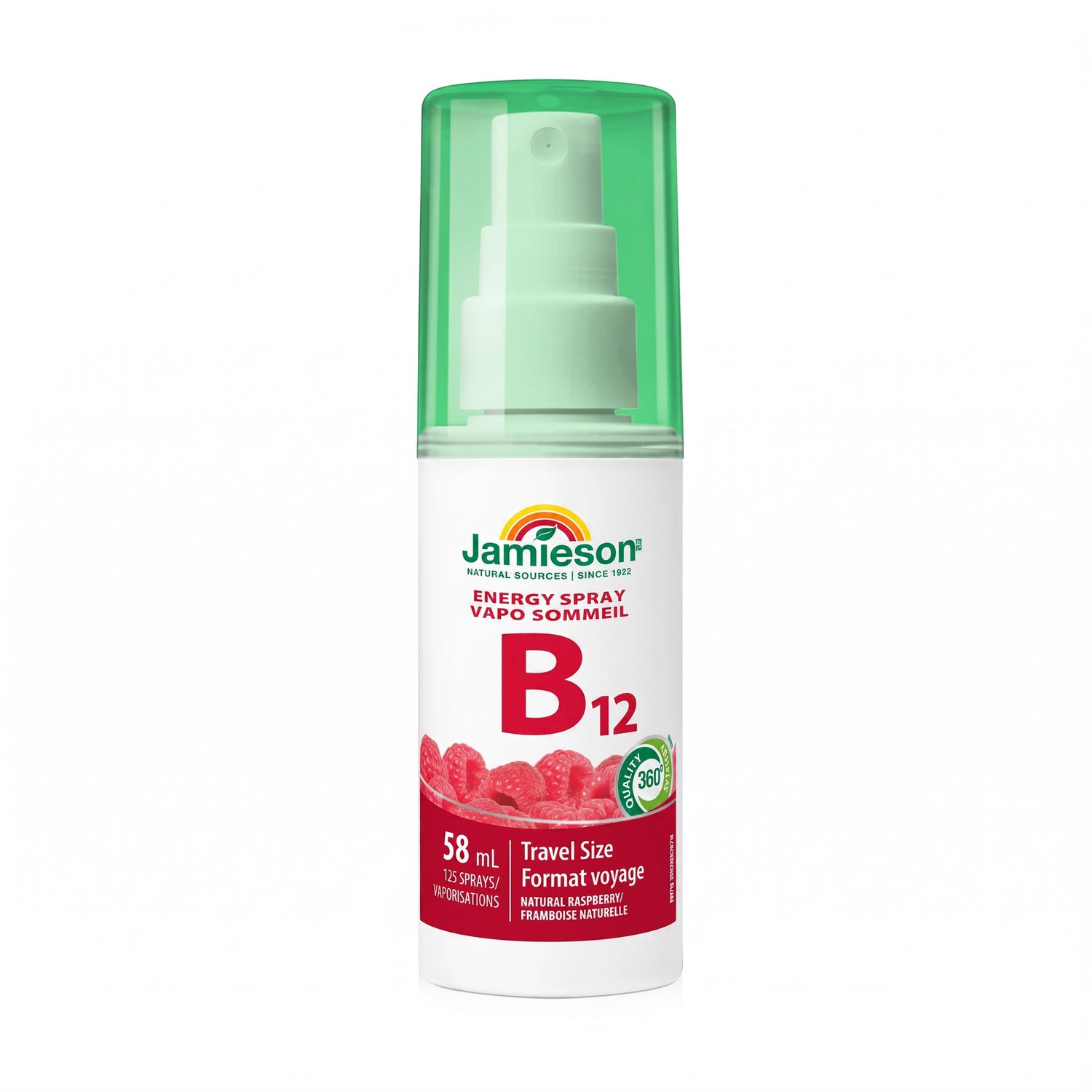 LYX Jamieson B12 energy spray in a 58ml bottle with a green cap and natural raspberry flavouring