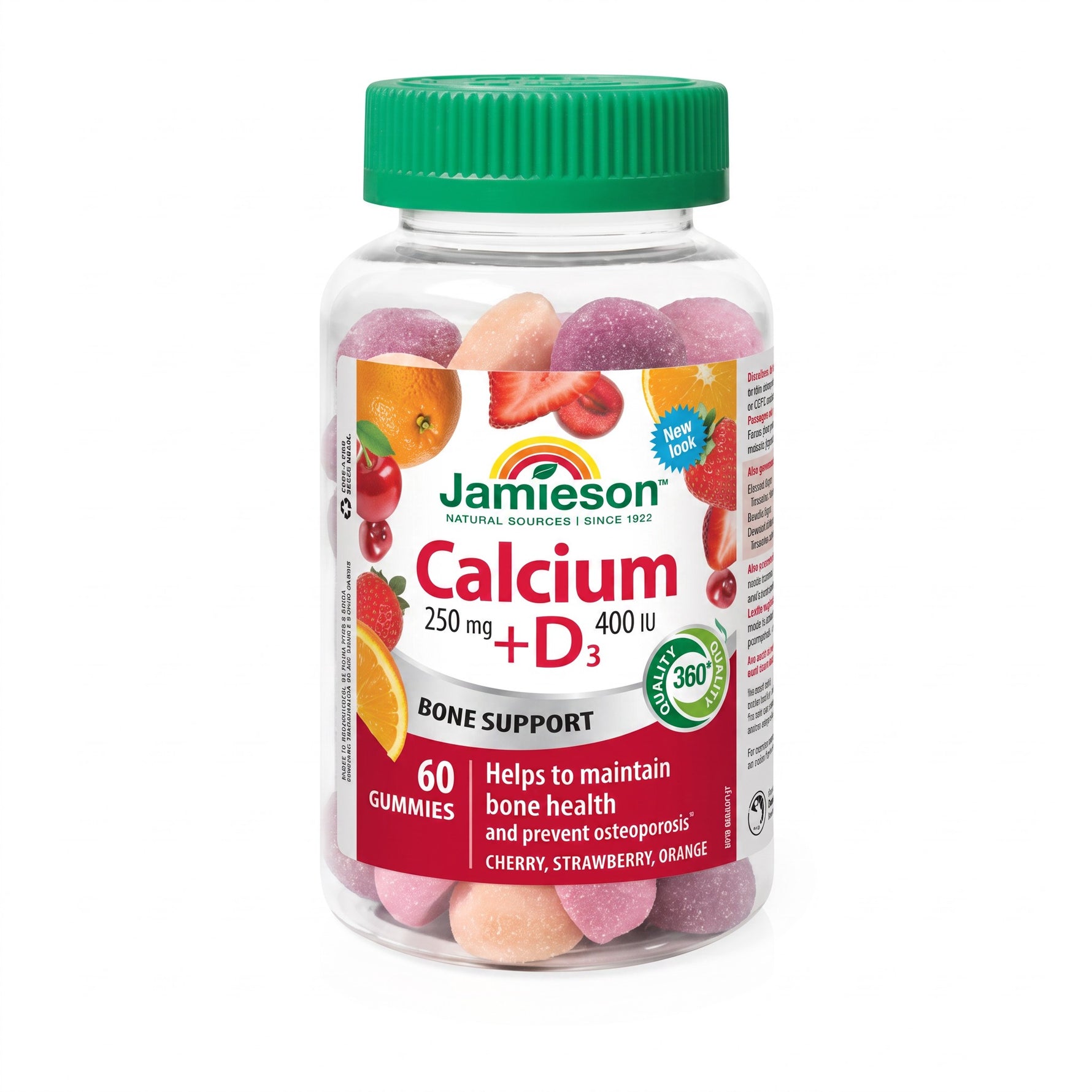 LYX Jamieson Calcium plus D3 fruit-flavored bone support gummies in a clear plastic bottle with a green lid