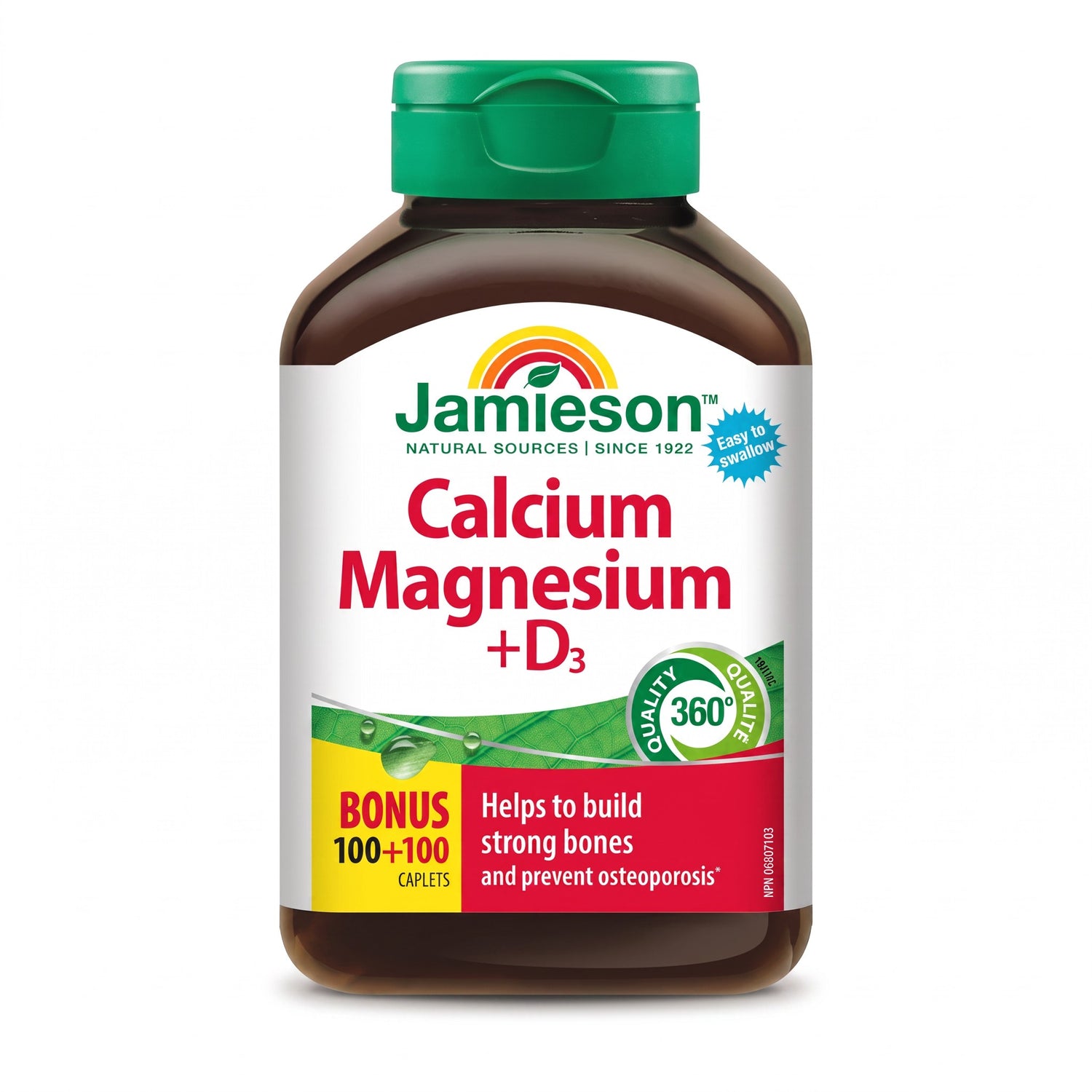 LYX Jamieson Calcium, Magnesium and Vitamin D3 supplement bottle with green cap and 200 caplet count label