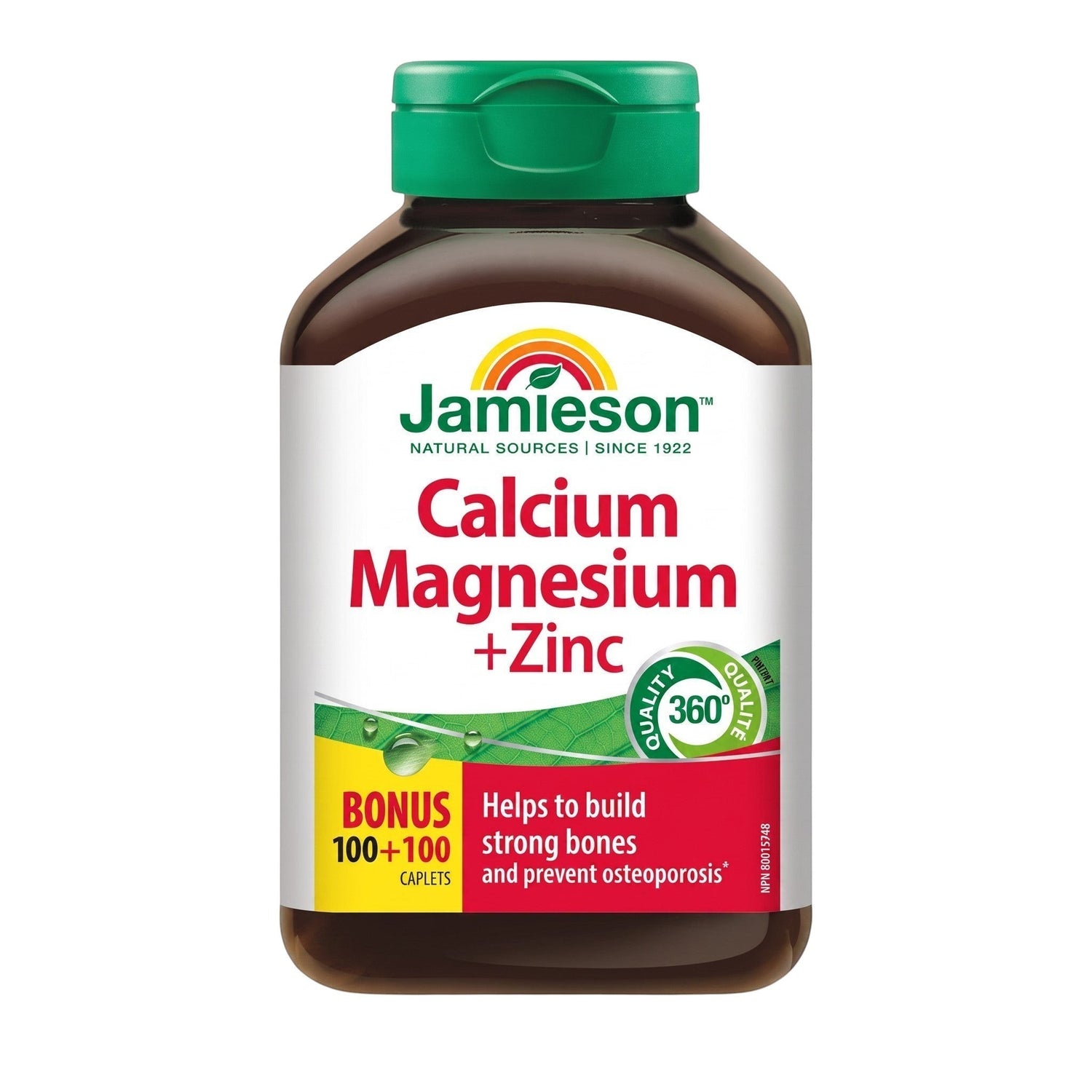 LYX Jamieson Calcium, Magnesium + Zinc supplement bottle with green cap and 200 caplet bonus label