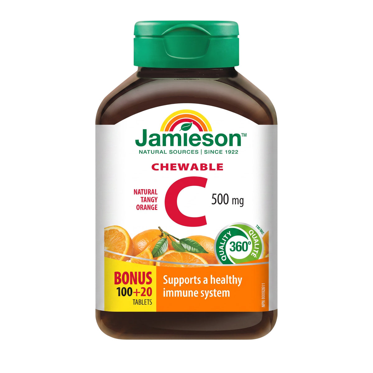 LYX Jamieson Chewable Vitamin C 500mg orange-flavored supplement bottle with 120 tablets for immune support.