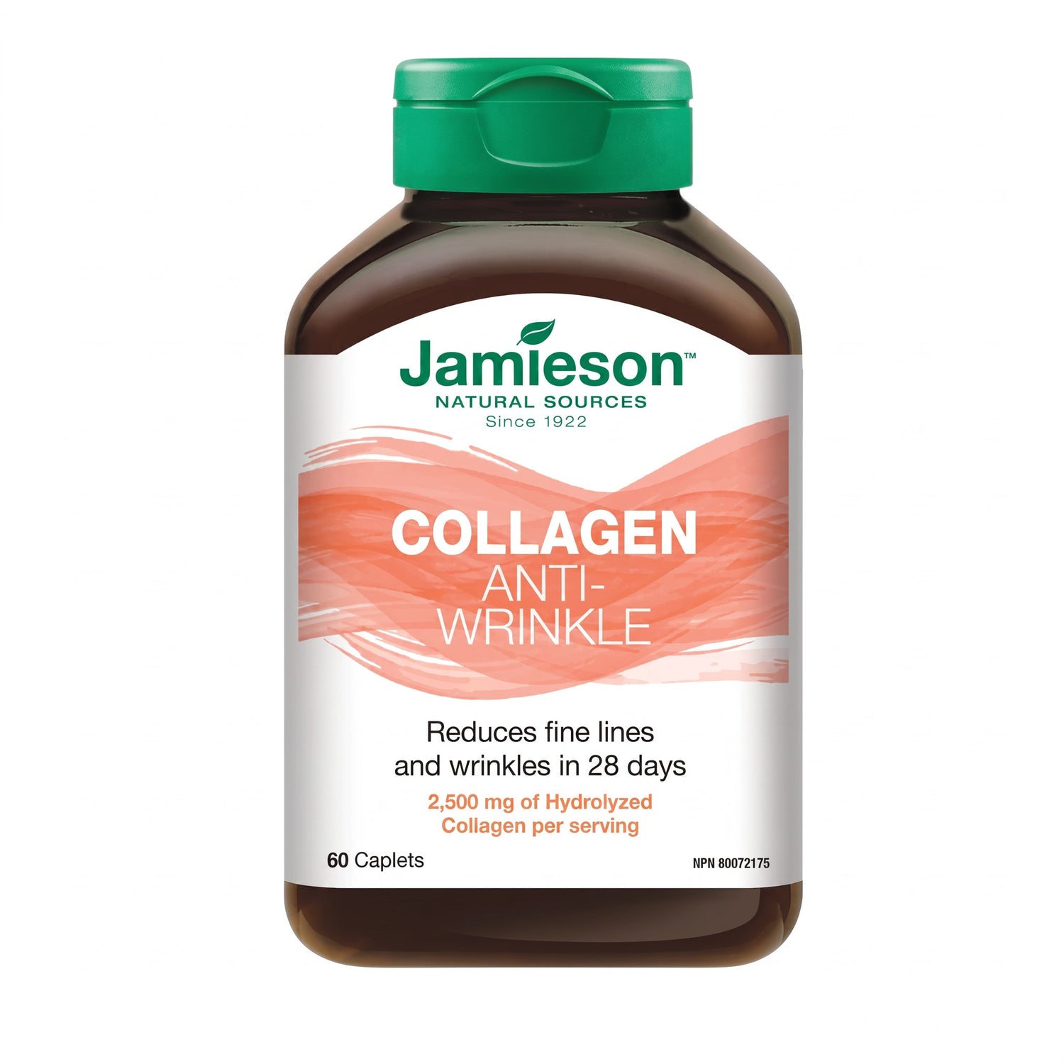 LYX Jamieson Collagen Anti-Wrinkle supplement bottle with green cap and white label featuring orange brush stroke