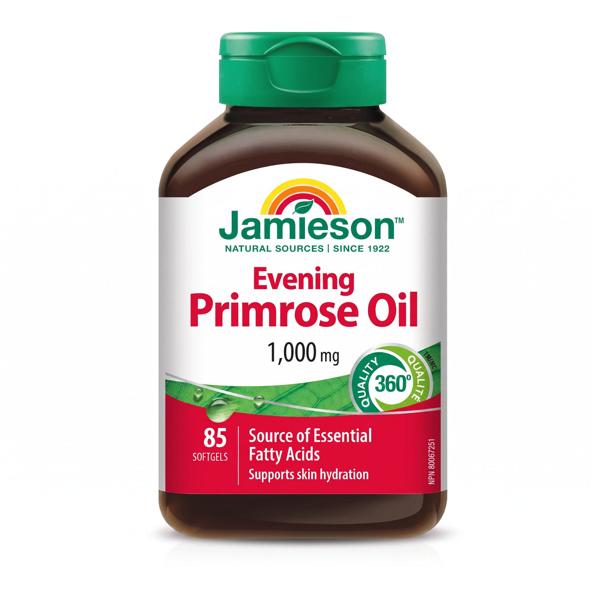 LYX Jamieson Evening Primrose Oil 1000mg softgels in a brown bottle with a green cap, 85 count.