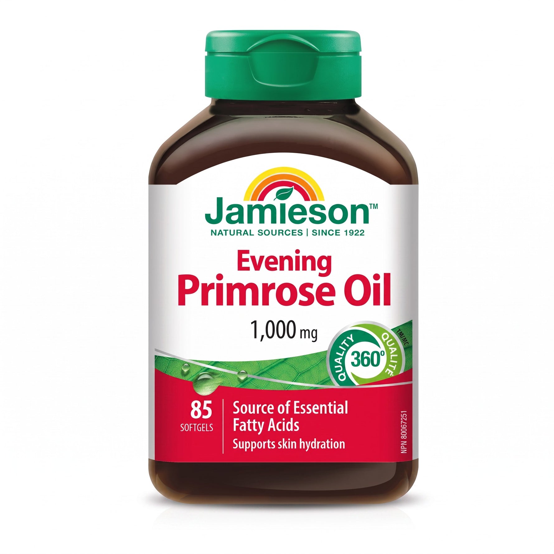 LYX Jamieson Evening Primrose Oil 1000mg softgels in a brown bottle with a green cap, 85 count.
