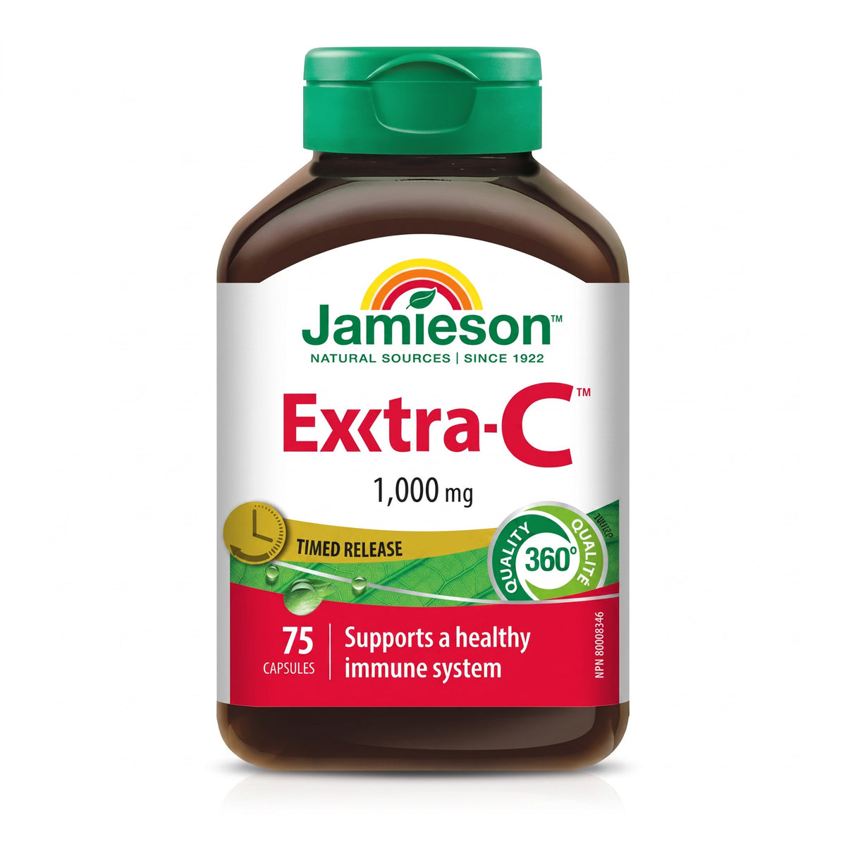 LYX Jamieson Extra C 1000mg timed release vitamin C capsules in a brown bottle with a green cap