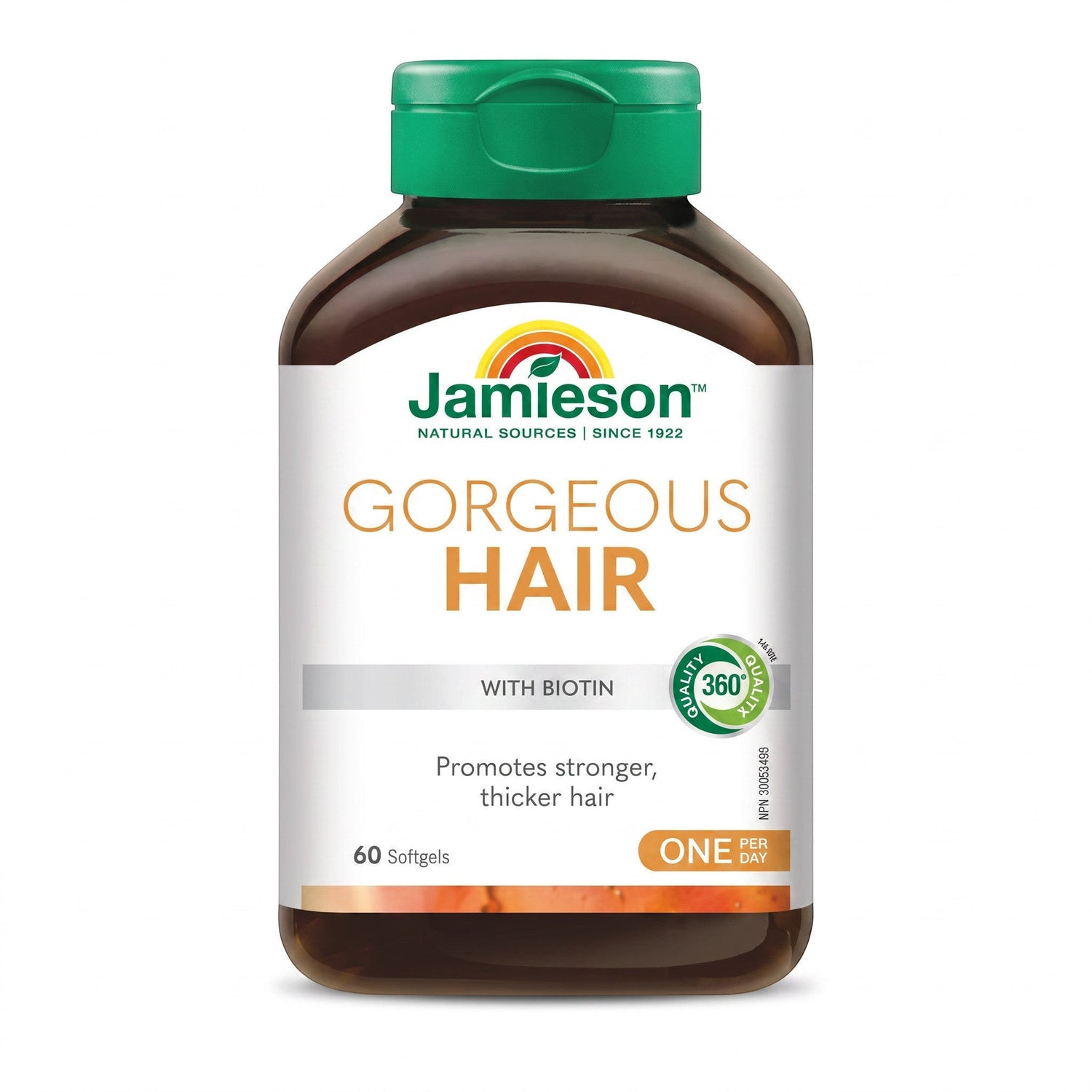 LYX Jamieson Gorgeous Hair supplement bottle with biotin and coconut oil for hair strength and growth
