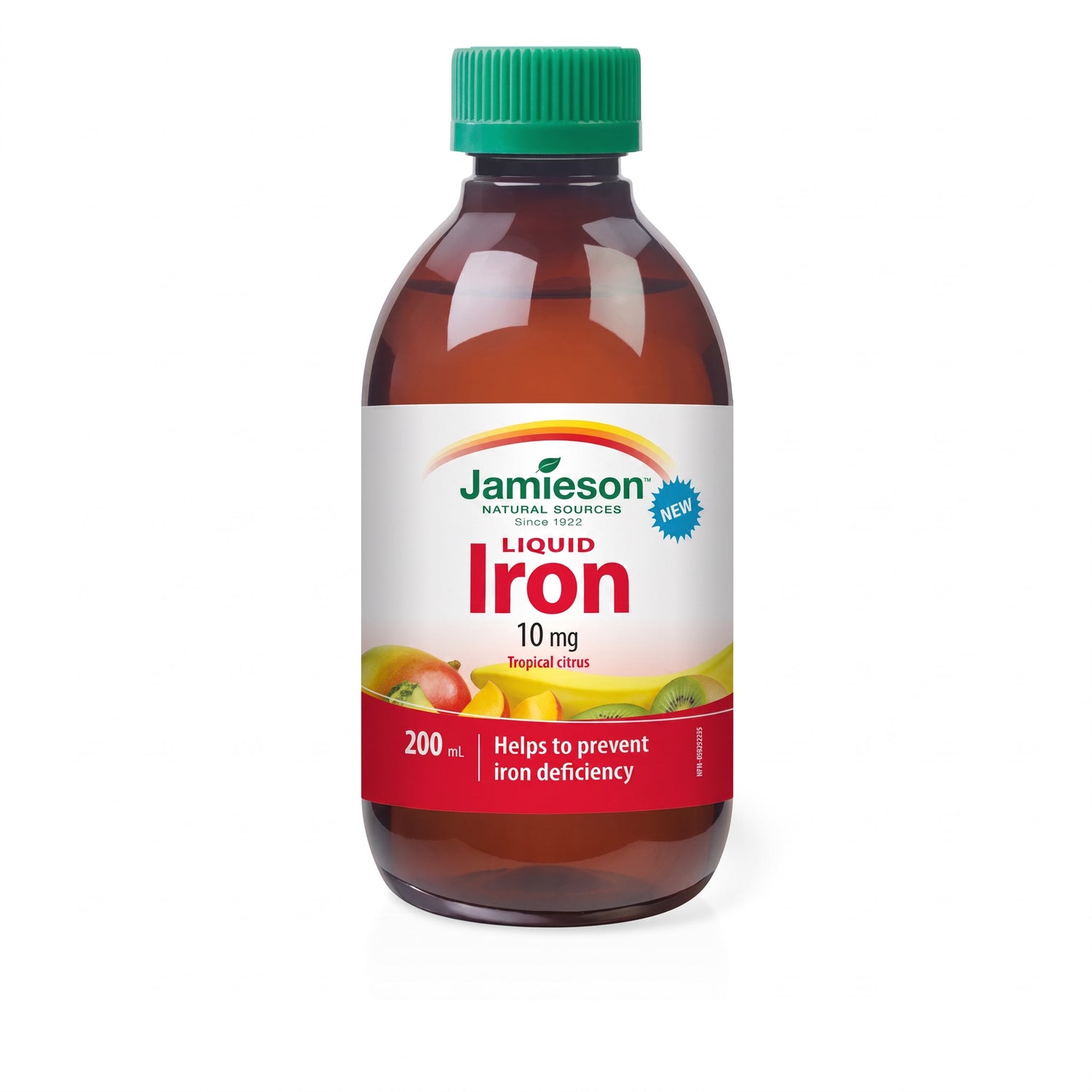 LYX Jamieson Liquid Iron 10mg supplement in a 200ml brown glass bottle with a green cap and tropical citrus label