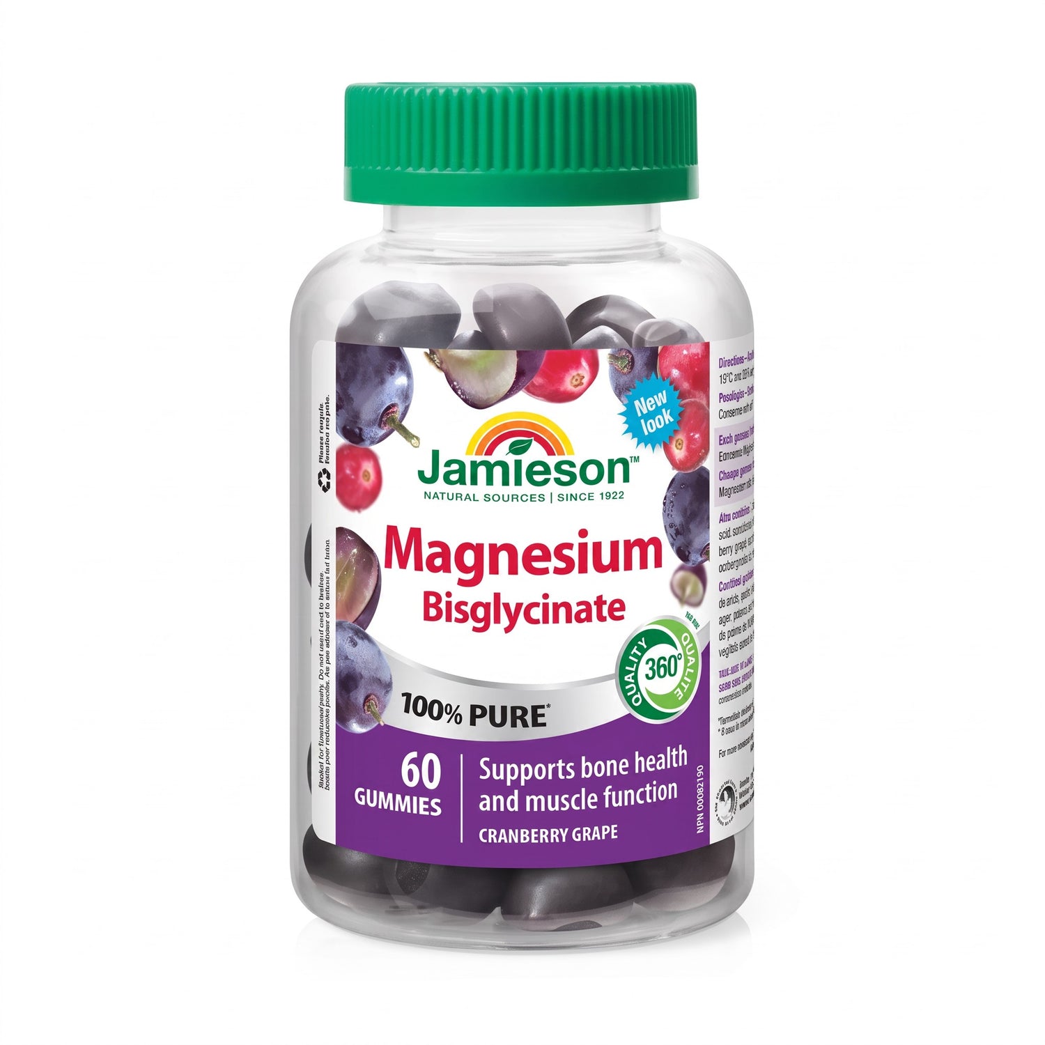 LYX Jamieson Magnesium Bisglycinate cranberry grape gummies in a clear plastic bottle with a green lid