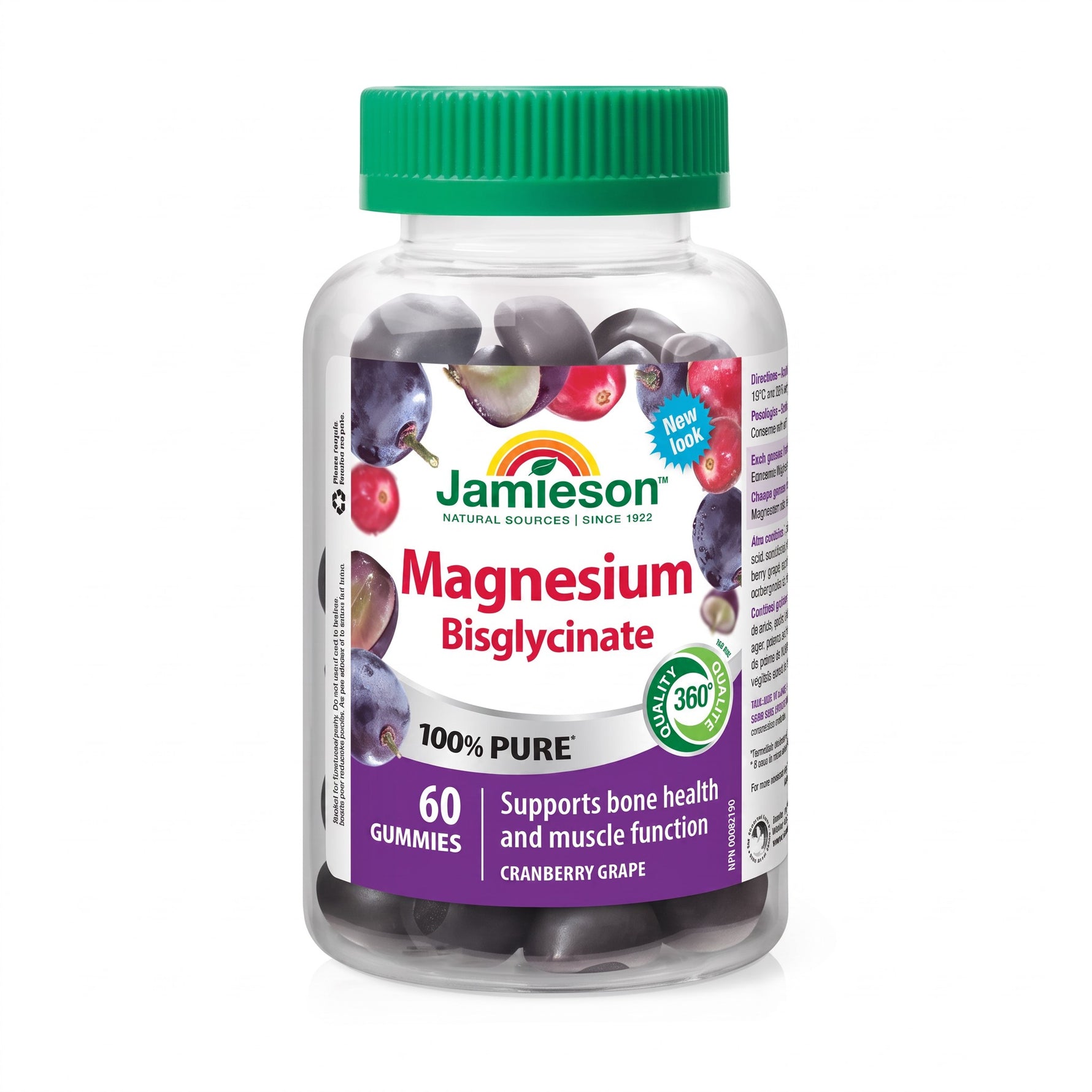 LYX Jamieson Magnesium Bisglycinate cranberry grape gummies in a clear plastic bottle with a green lid
