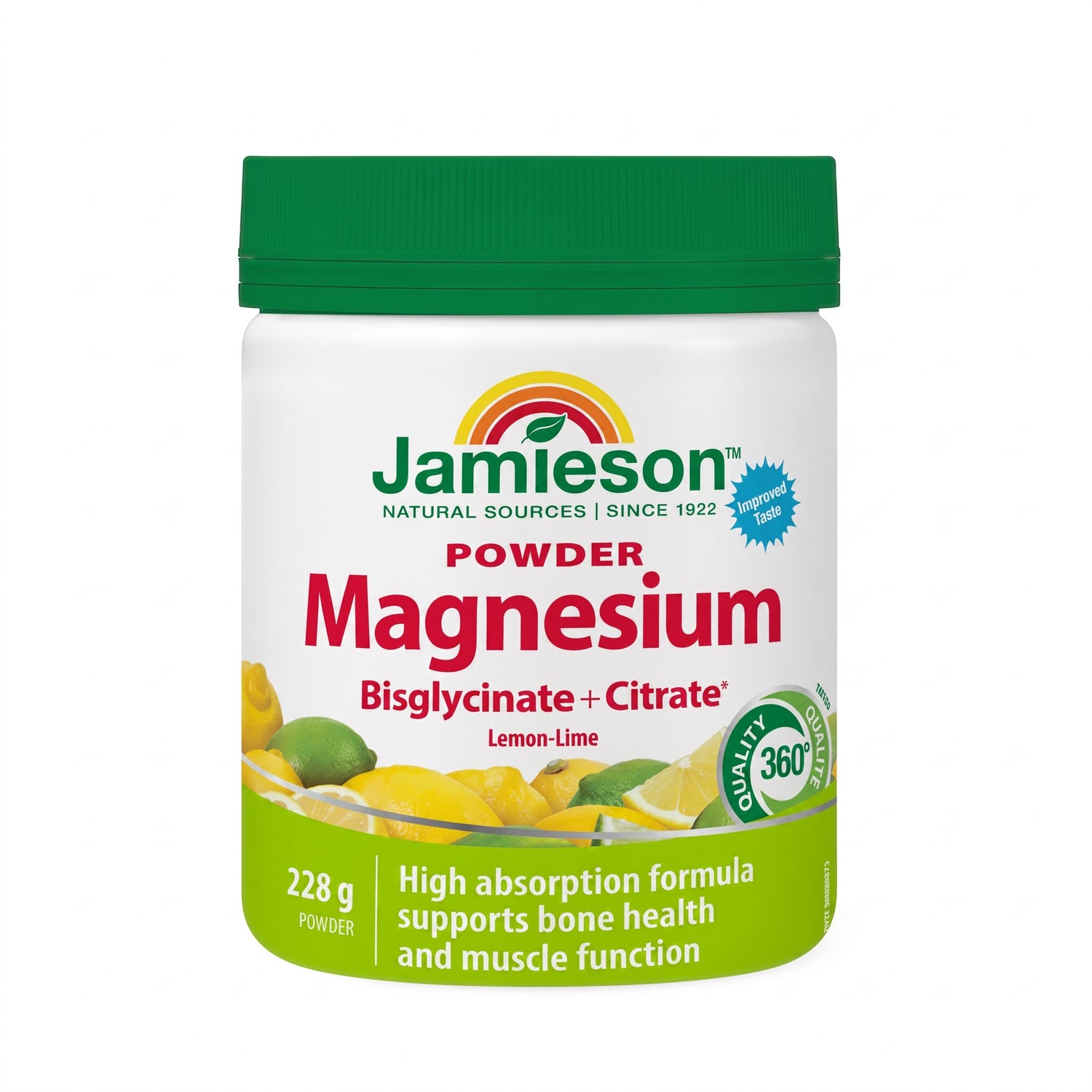 LYX Jamieson Magnesium bisglycinate and citrate powder in lemon-lime flavor, 228g container with green lid.