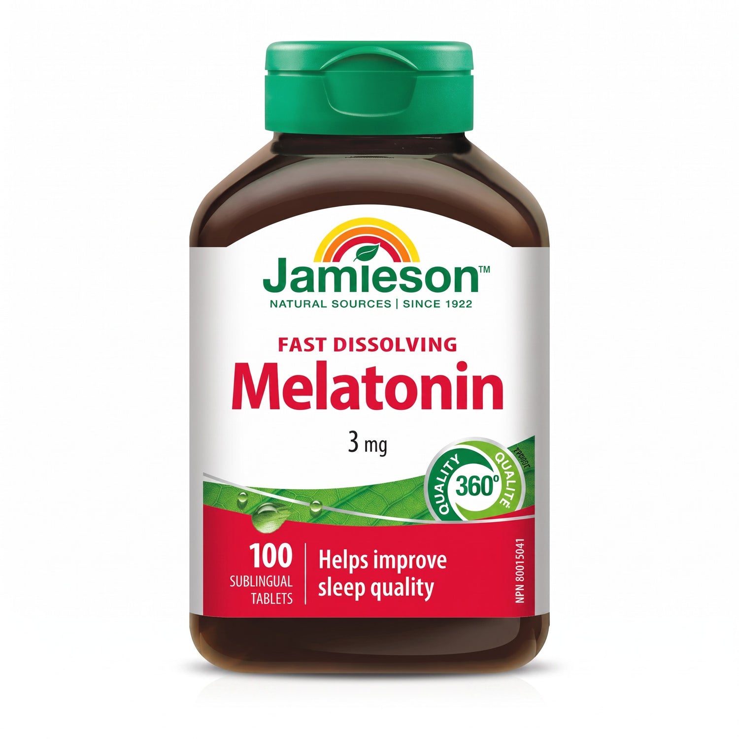 LYX Jamieson Melatonin 3mg fast dissolving sublingual tablets in a brown plastic bottle with a green cap.
