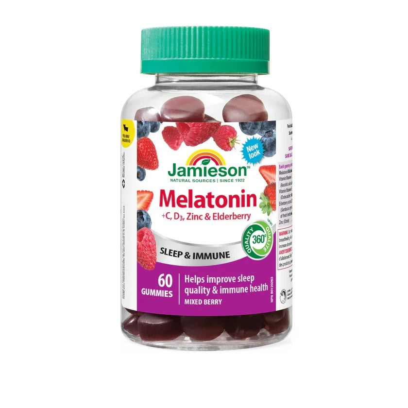LYX Jamieson melatonin 5mg plus immunity mixed berry gummies in a 60 count bottle with vitamin C, D3, zinc, elderberry